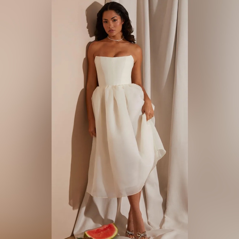NWT Marise Strapless Corset Tulle Midi Dress in White